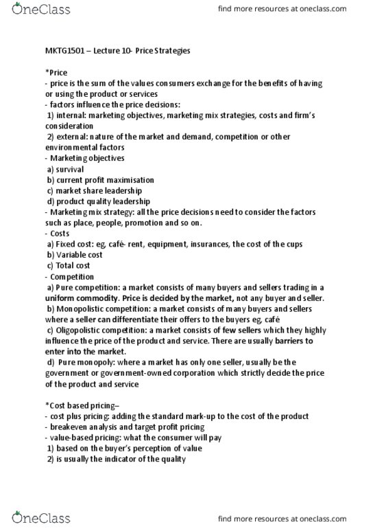 MKTG1501 Lecture Notes - Lecture 10: Geographical Pricing, Psychological Pricing, Profit Margin thumbnail