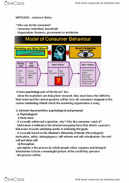 MKTG1501 Lecture Notes - Lecture 4: Classical Conditioning, Selective Exposure Theory, Operant Conditioning thumbnail