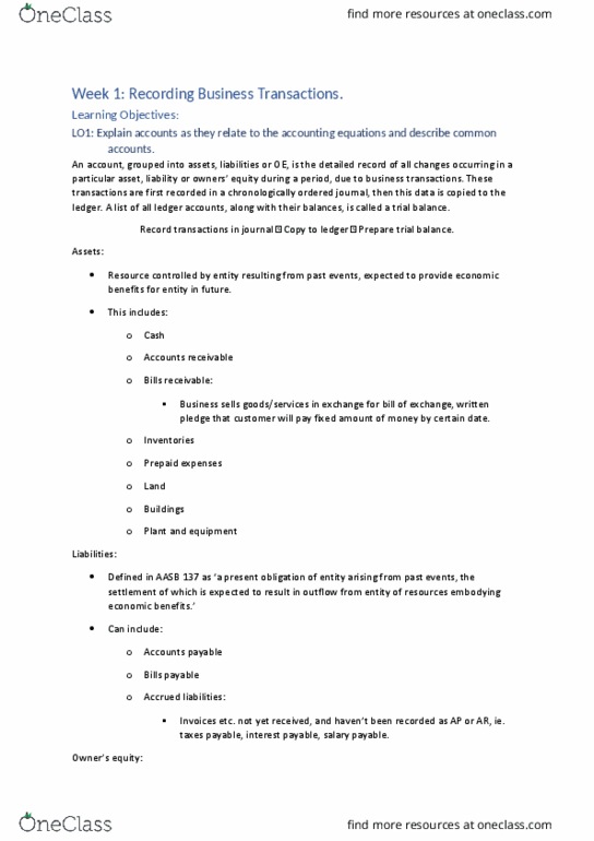 ACFI1002 Lecture Notes - Lecture 1: The Item, Accounts Payable, Deferral thumbnail