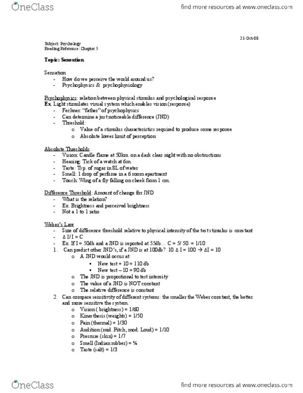 Psychology 1000 Chapter Notes -Psychophysics, Psychophysiology, Retina thumbnail