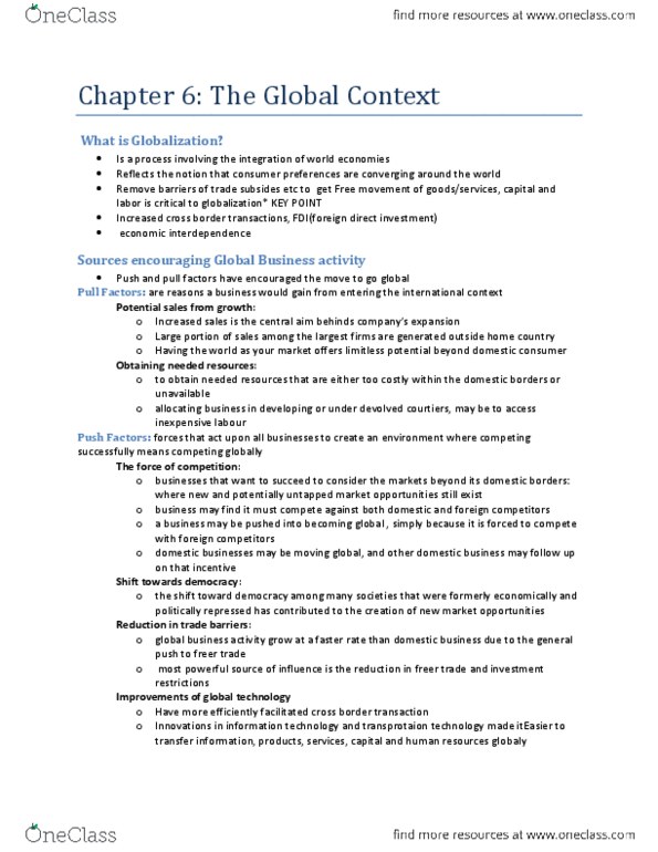 ADMS 1000 Chapter Notes - Chapter 6: Franchising, International Trade, Offshoring thumbnail