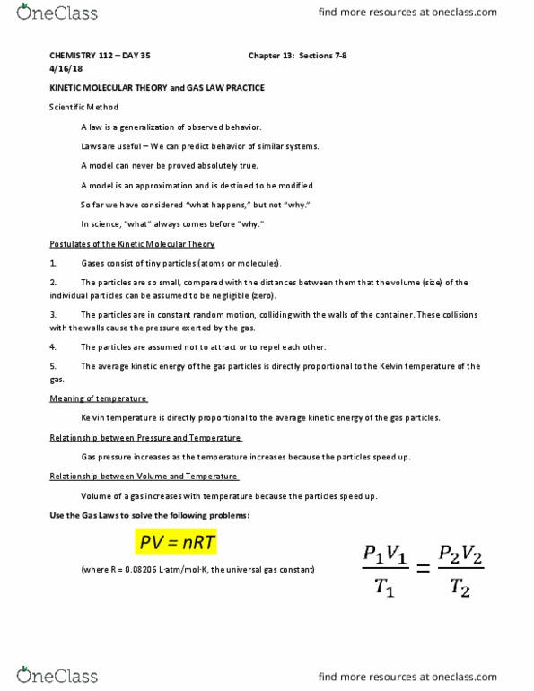 CHEM 24112 Lecture Notes - Lecture 35: Ideal Gas, Torr, Kinetic Theory Of Gases thumbnail