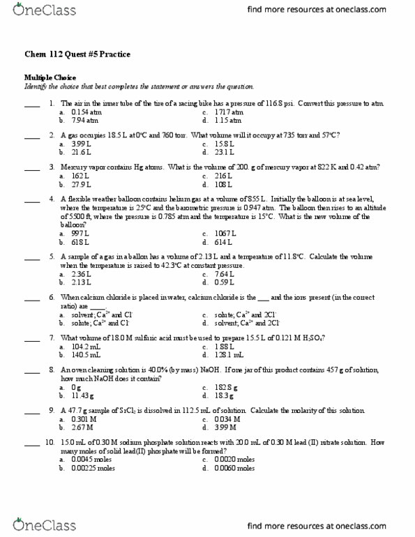 CHEM 24112 Chapter Notes - Chapter 5: Weather Balloon, Calcium Chloride, Torr thumbnail