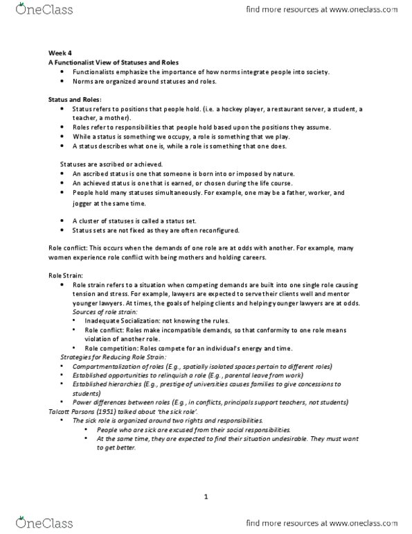 SOC 104 Lecture Notes - Lecture 4: Ascribed Status, Role Theory, Talcott Parsons thumbnail