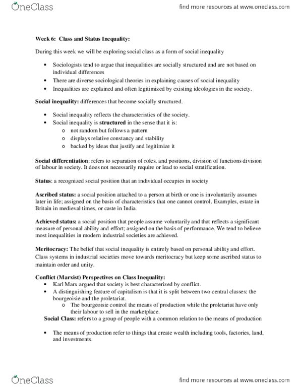 SOC 104 Chapter Notes -Ascribed Status, Social Stratification, Social Inequality thumbnail