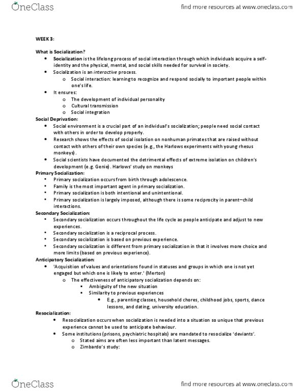 SOC 104 Lecture Notes - Tuning Fork, Resocialization, Thomas Theorem thumbnail