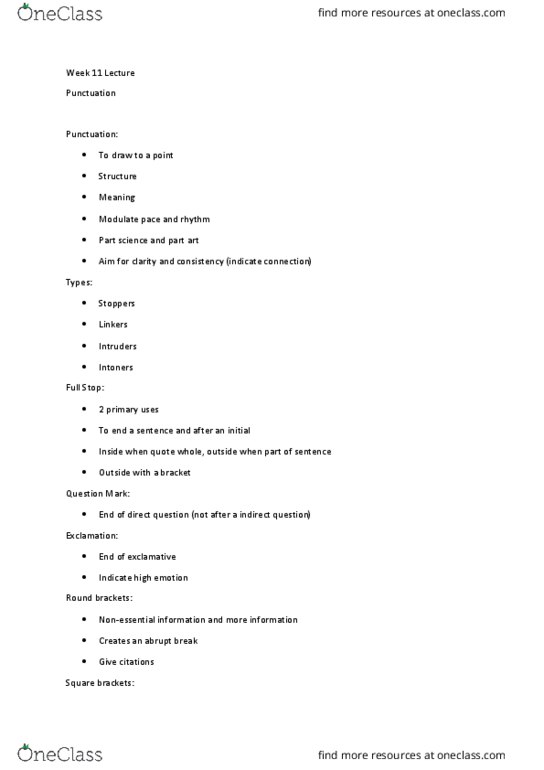 WRIT2250 Lecture Notes - Lecture 9: Semicolon, Dash, Comma Splice thumbnail