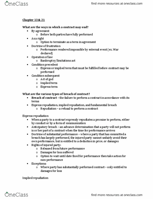 ADMN 3250H Chapter Notes - Chapter 13, 21: Equitable Remedy, Punitive Damages, Quantum Meruit thumbnail