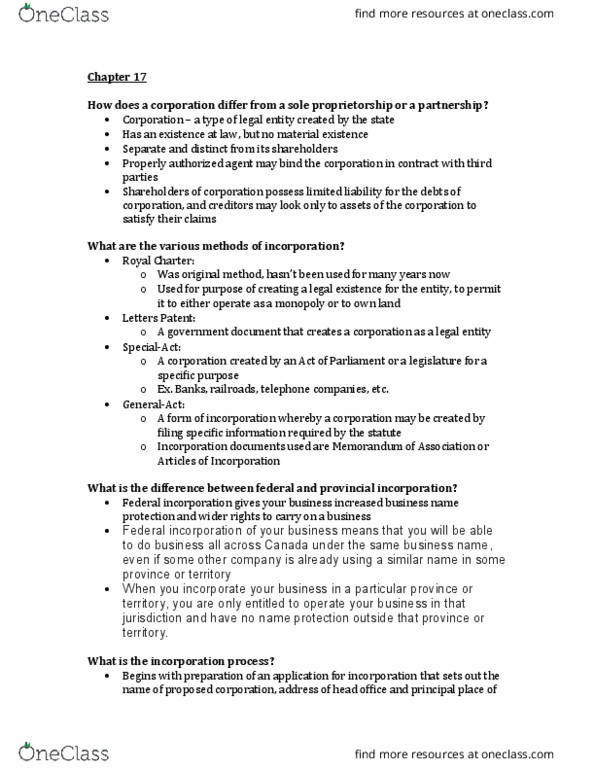 ADMN 3250H Chapter Notes - Chapter 17: Issued Shares, Sole Proprietorship thumbnail