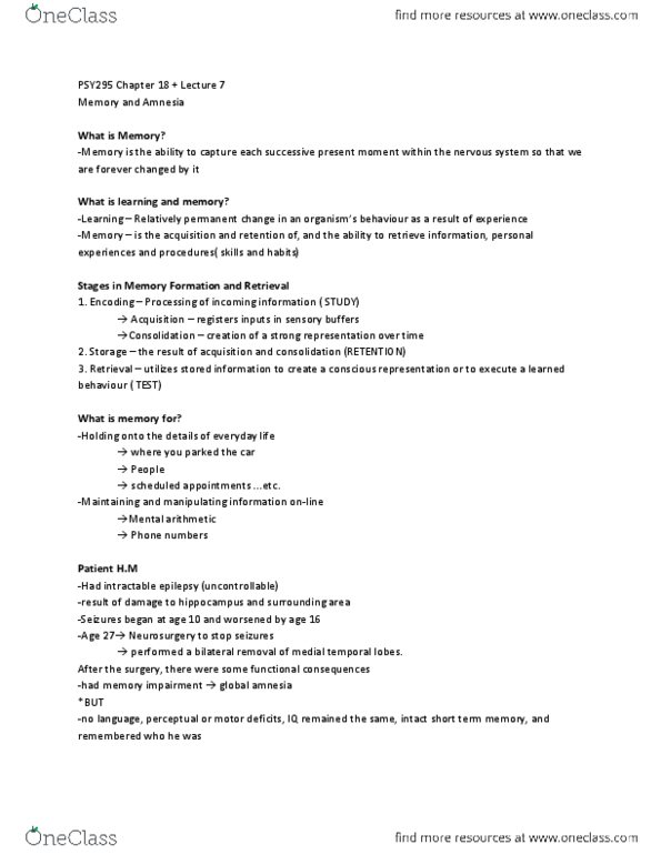 PSY 434 Chapter Notes - Chapter 18: Temporal Lobe, Retrograde Amnesia, Long-Term Memory thumbnail