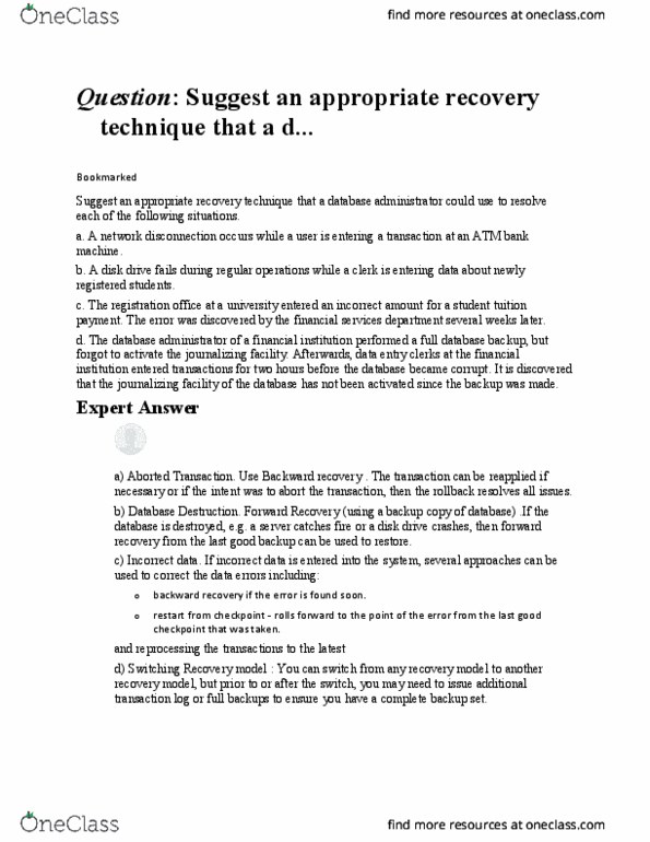 COMP 266 Lecture Notes - Lecture 9: Recovery Approach, Database Administrator, Transaction Log thumbnail