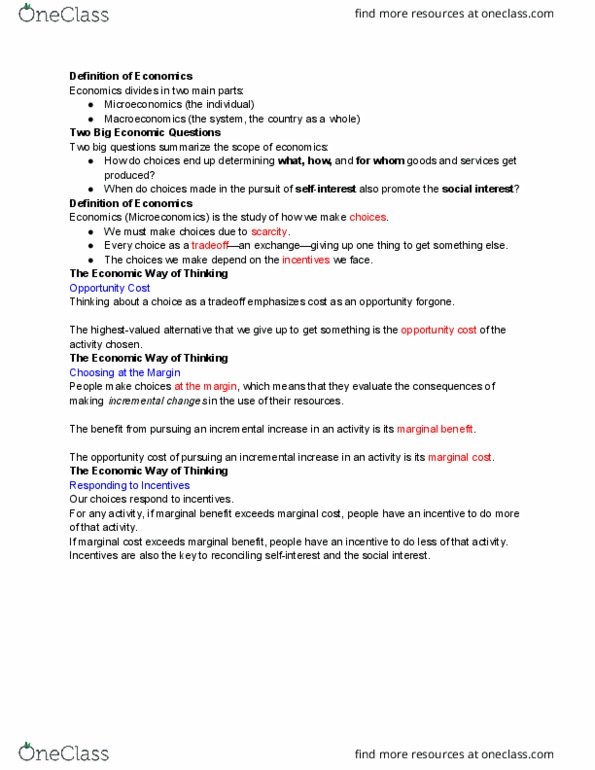 Economics 1021A/B Lecture Notes - Lecture 1: Marginal Utility, Marginal Cost, Opportunity Cost thumbnail