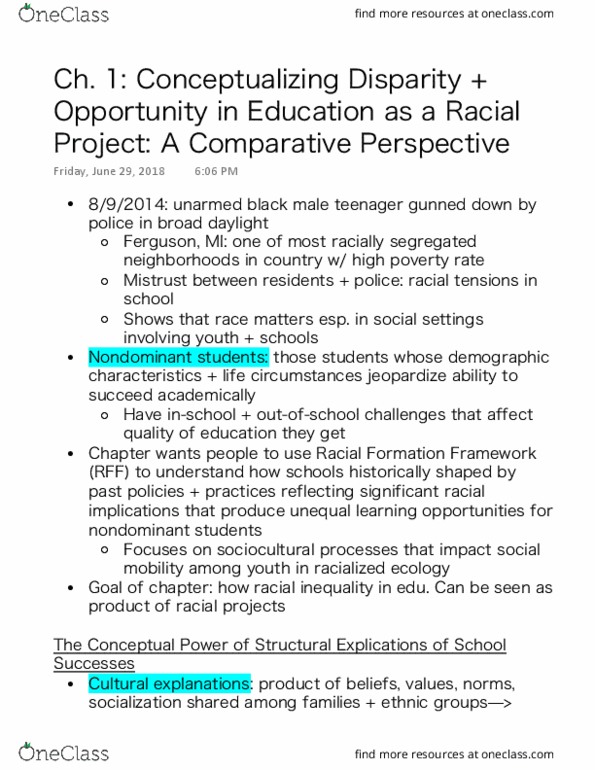 EDUC 124 Chapter 1: Conceptualizing Disparity + Opportunity in Education as a Racial Project A Comparative Perspective thumbnail