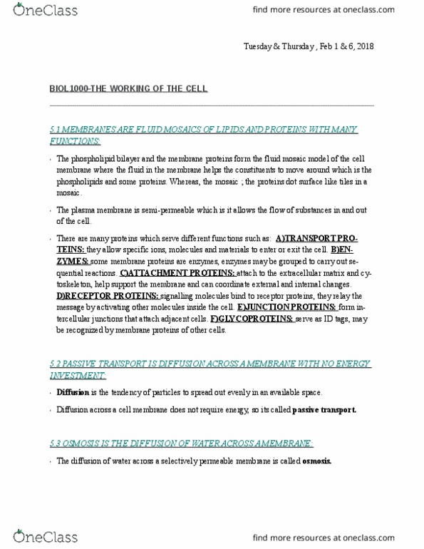 BIOL 1000 Lecture Notes - Lecture 5: Aquaporin, Facilitated Diffusion, Exocytosis thumbnail