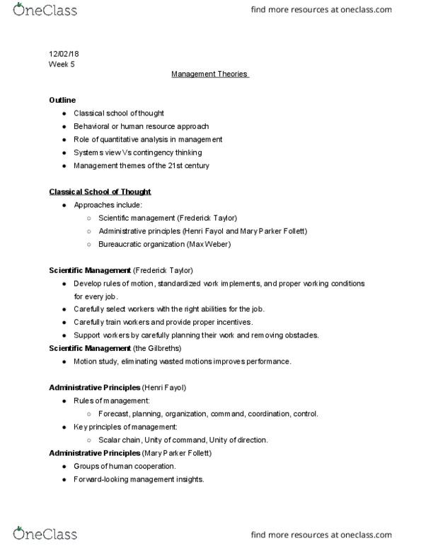 GMS 200 Lecture Notes - Lecture 4: Theory X And Theory Y, Hawthorne Effect, Mary Parker Follett thumbnail