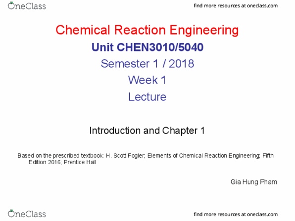 CHEN3010 Lecture Notes - Lecture 1: Chemical Reaction Engineering, Prentice Hall, Reaction Rate thumbnail