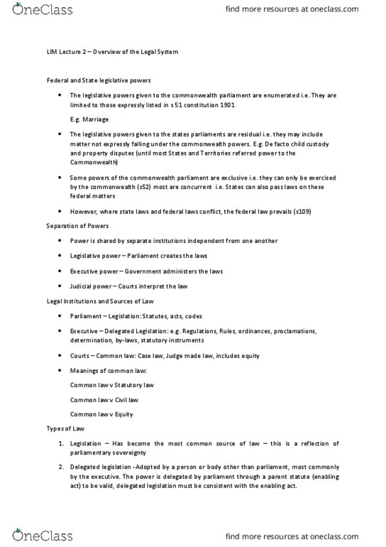 LAW1LIM Lecture Notes - Lecture 2: Primary And Secondary Legislation, Statutory Law, Legislature thumbnail