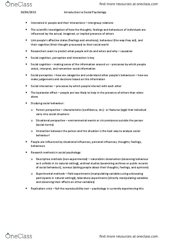 PSYC1001 Lecture Notes - Lecture 20: Replication Crisis, Naturalistic Observation, Social Perception thumbnail