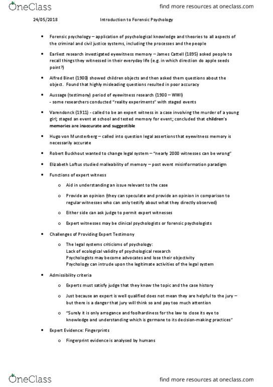 PSYC1001 Lecture Notes - Lecture 33: Fingerprint, Elizabeth Loftus, Eyewitness Memory thumbnail