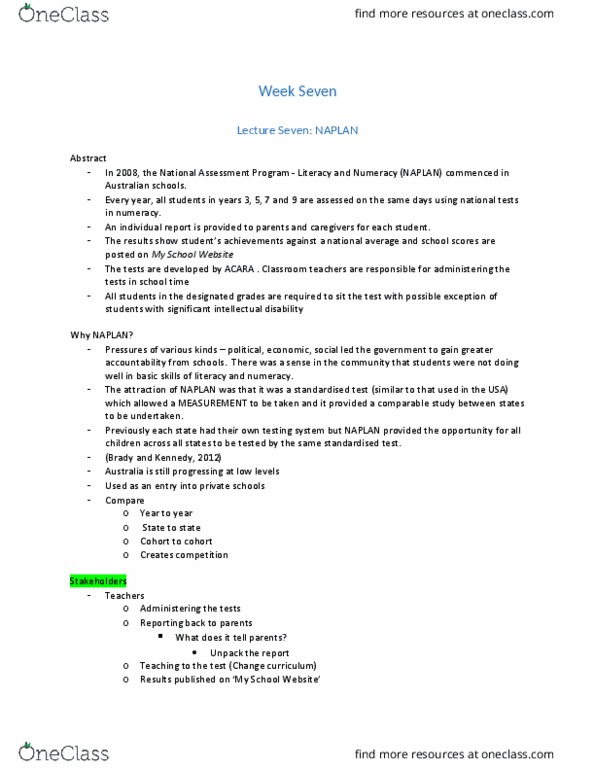 EDUC4130 Lecture Notes - Lecture 9: Programme For International Student Assessment, Standardized Test, Numeracy thumbnail