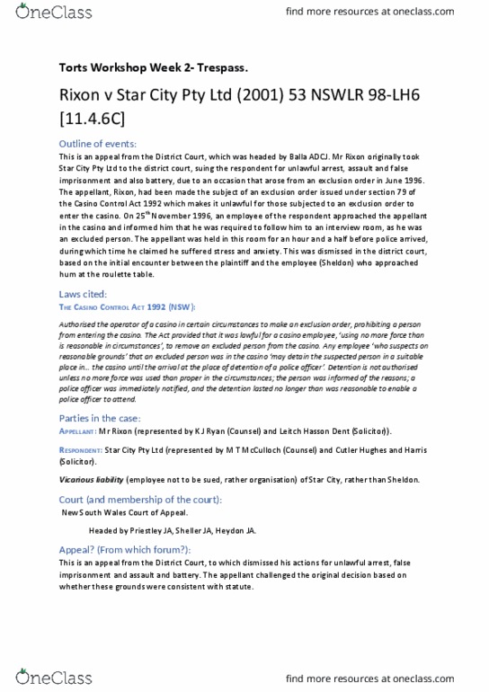 LAWS1003A Lecture Notes - Lecture 7: His Honour, False Imprisonment, Vicarious Liability thumbnail