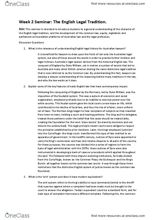 LAWS1001A Lecture Notes - Lecture 2: Curia Regis, Precedent, Deeper Understanding thumbnail