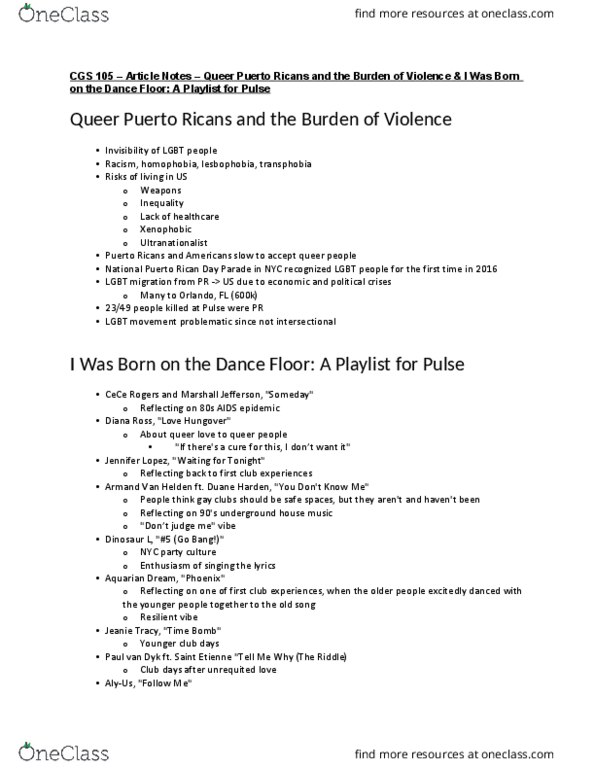 CGS 105 Chapter Notes - Chapter Article Notes: Sarah Dash, Sinner Man, Puerto Rican Day Parade thumbnail