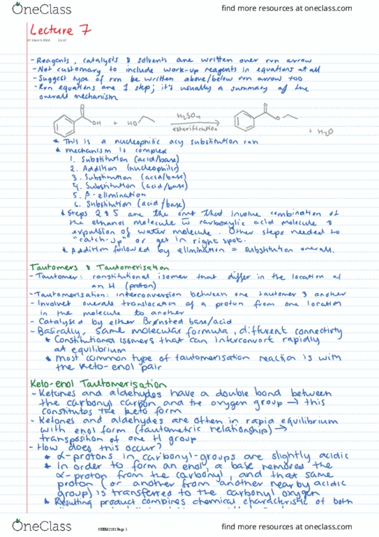 CHEM2202 Lecture 7: CHEM2202, Topic 1 Organic Chemistry - 7 - Writing reaction schemes, steps in nucleophilic acyl substiution reactions and tautomers thumbnail