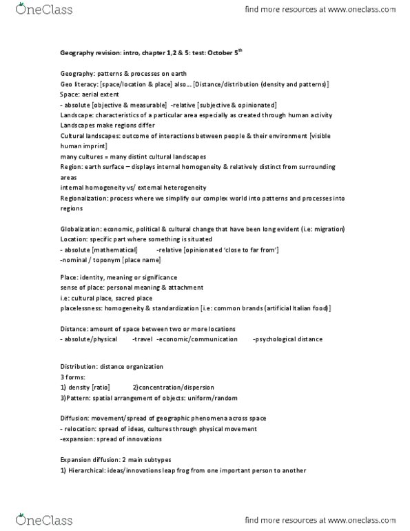 GEOG 1HA3 Chapter Notes - Chapter 1: Cultural Landscape, Mental Mapping, Contour Line thumbnail