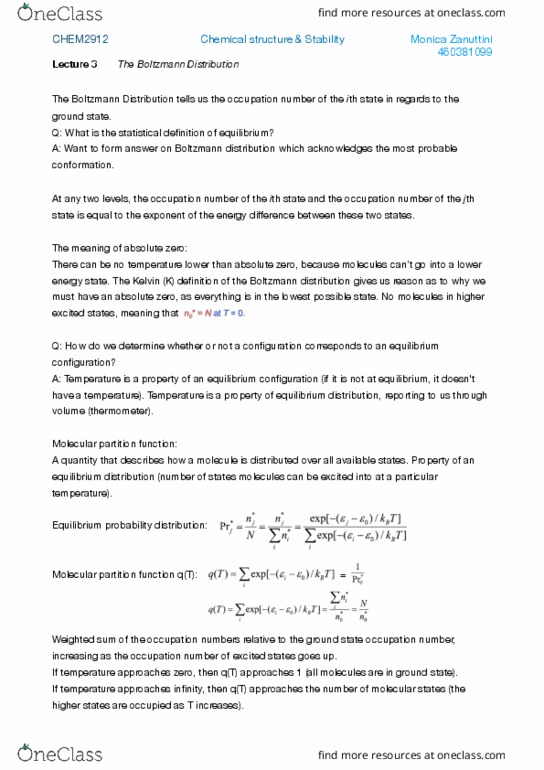 CHEM2912 Lecture Notes - Lecture 3: Boltzmann Distribution thumbnail
