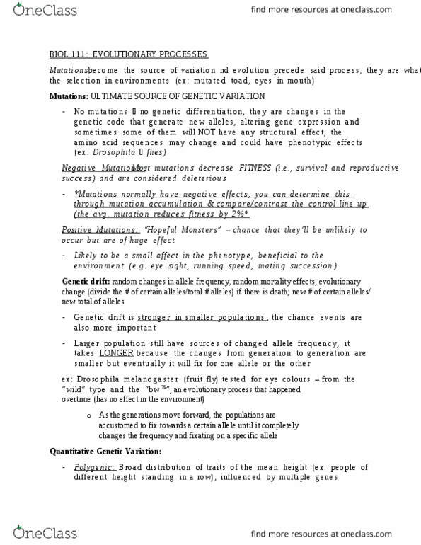 BIOL 111 Lecture Notes - Lecture 5: Exponential Growth, Directional Selection, Genetic Drift thumbnail