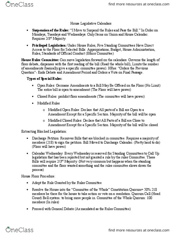 POS-4424 Lecture Notes - Lecture 7: Unanimous Consent, United States House Committee On Rules, House Calendar thumbnail