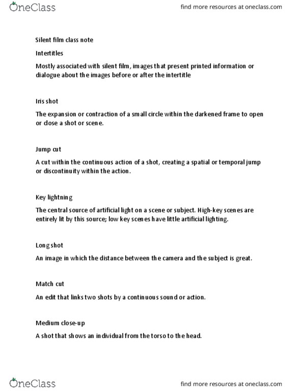 AVT 253 Lecture Notes - Lecture 3: Intertitle, Medium Shot, Match Cut thumbnail