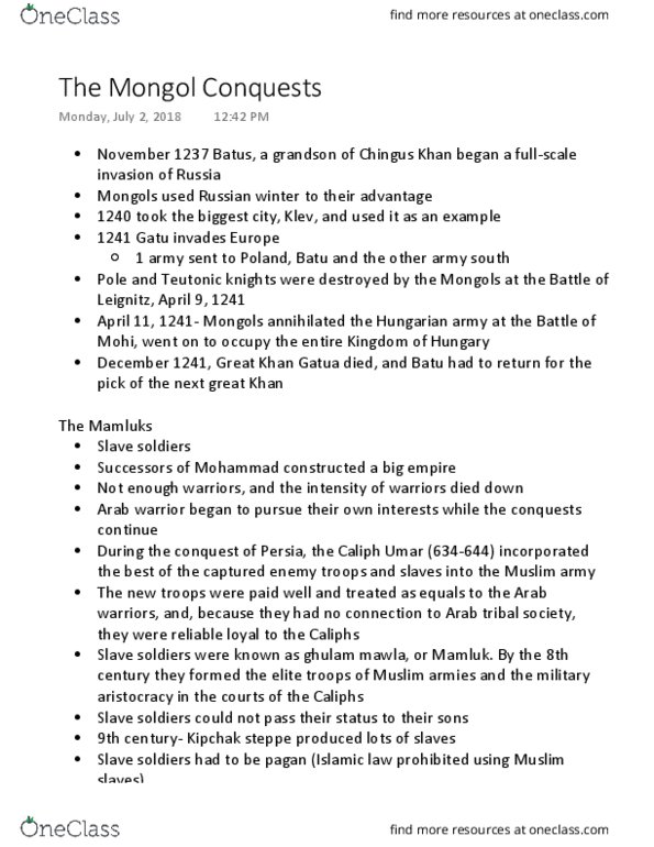 HI123 Lecture Notes - Lecture 8: Furusiyya, Ayyubid Dynasty, Mongol Invasions And Conquests thumbnail
