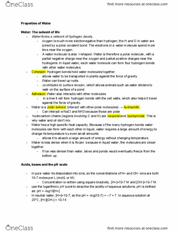 BIOL 005A Lecture Notes - Lecture 2: Chemical Polarity, Heat Capacity, Surface Tension thumbnail