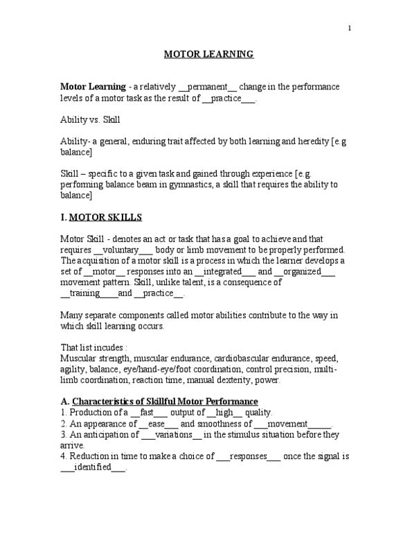 BPK 142 Lecture Notes - Motor Skill, Motor Learning, Tennis Ball thumbnail