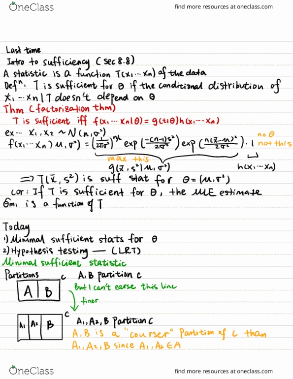 STAT 135 Lecture Notes - Lecture 16: Likelihood Function, Sufficient Statistic, If And Only If thumbnail
