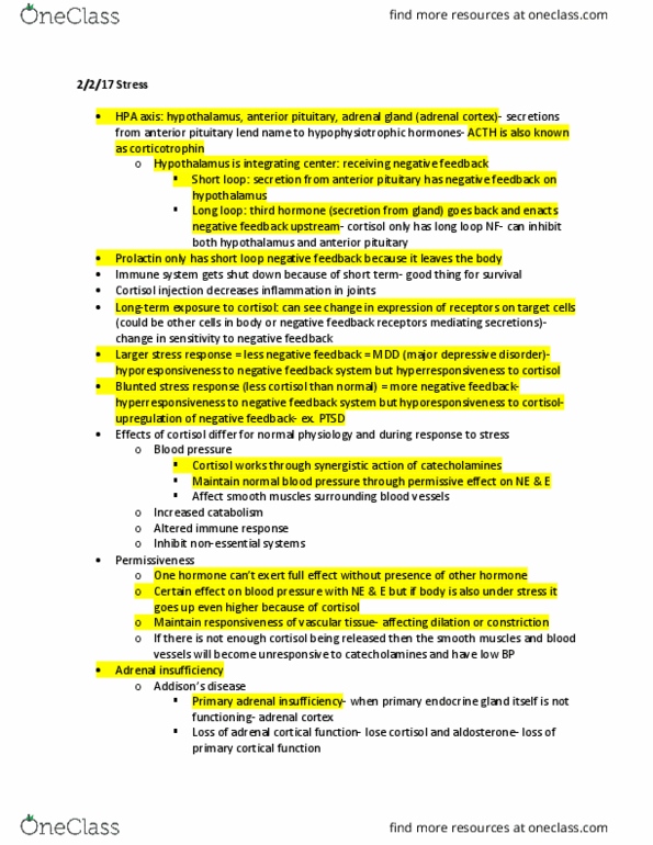 BIOL 336 Lecture Notes - Lecture 13: Anterior Pituitary, Major Depressive Disorder, Cortisol thumbnail