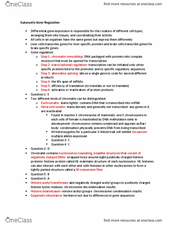 BIOL 142 Lecture Notes - Lecture 4: Transgenerational Epigenetic Inheritance, Alternative Splicing, Barr Body thumbnail