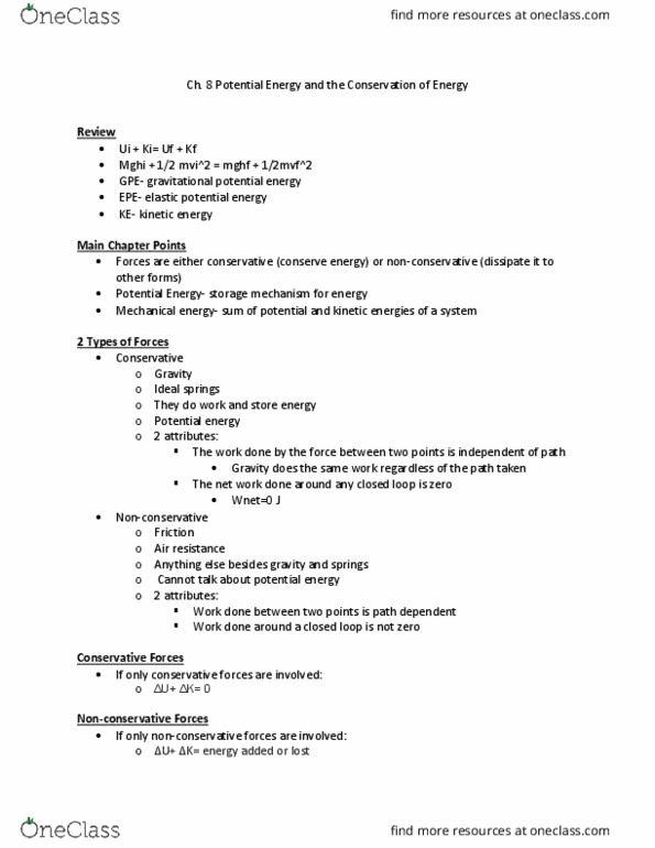 PHYS 1051 Lecture Notes - Lecture 11: Path Dependence, Mechanical Energy thumbnail