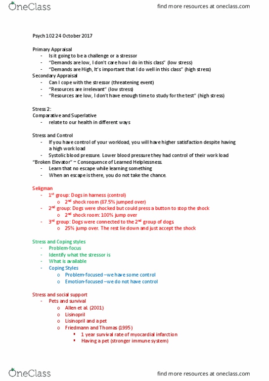 PSYC 102 Lecture Notes - Lecture 13: Lisinopril, Learned Helplessness, Psych thumbnail