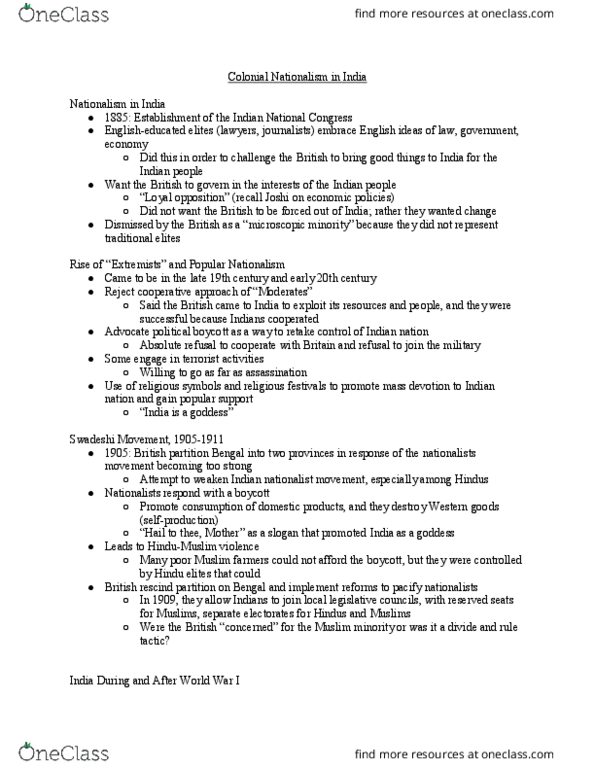 HI 233 Lecture Notes - Lecture 12: Swadeshi Movement, Loyal Opposition, List Of Peace Activists thumbnail