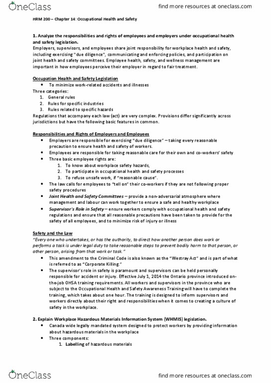 HRM200 Chapter Notes - Chapter 14: Workplace Hazardous Materials Information System, Occupational Safety And Health, Safety Data Sheet thumbnail