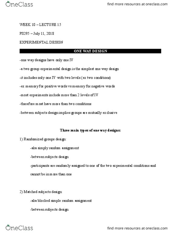 PS295 Lecture Notes - Lecture 15: Repeated Measures Design, Random Assignment, Demand Characteristics thumbnail