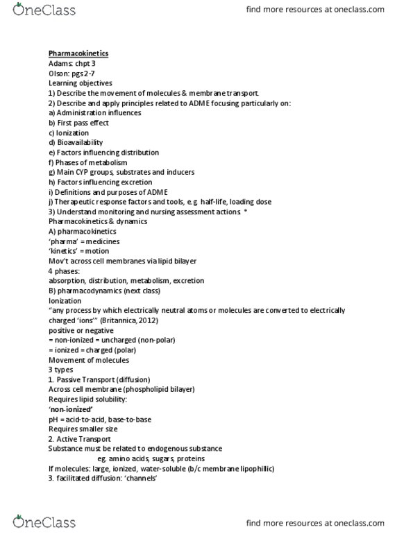 NURS215 Lecture Notes - Lecture 2: Lipid Bilayer, Drug Injection, Loading Dose thumbnail