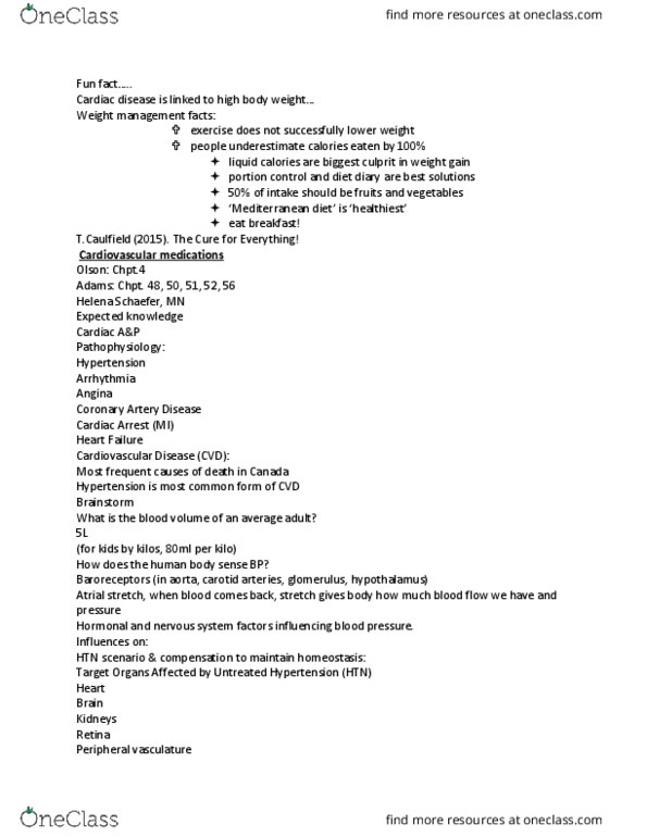 NURS215 Lecture Notes - Lecture 12: Coronary Artery Disease, Nitric Oxide, Hypertensive Crisis thumbnail