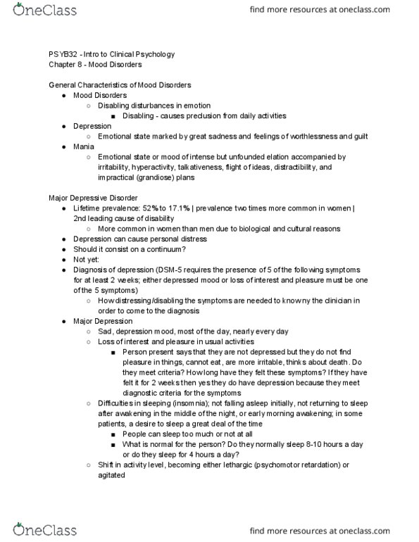 PSYB32H3 Lecture Notes - Lecture 7: Major Depressive Disorder, Psychomotor Retardation, Mania thumbnail