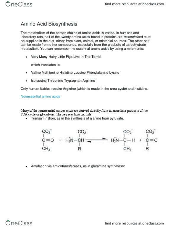 CH 461 Lecture Notes - Lecture 22: Aromatic Amino Acids, Tryptophan Synthase, Essential Amino Acid thumbnail