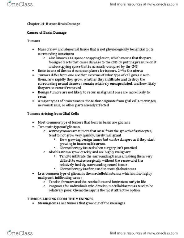 PSYB65H3 Chapter Notes - Chapter 14: Brain Ischemia, Meningioma, Cerebrovascular Disease thumbnail