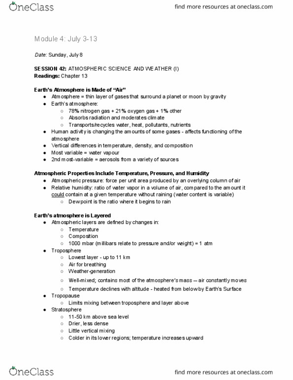 ENV100Y5 Lecture Notes - Lecture 39: Atmospheric Pressure, Dew Point, Relative Humidity thumbnail